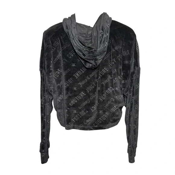 Vtg Y2K Juicy Couture Black Velour Logo Cropped Hoodie size M - Picture 6 of 12